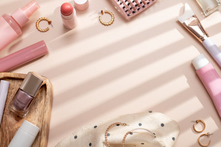 Beauty products background flat lay with skincare, haircare and makeup items on beige, copy spaceの写真素材