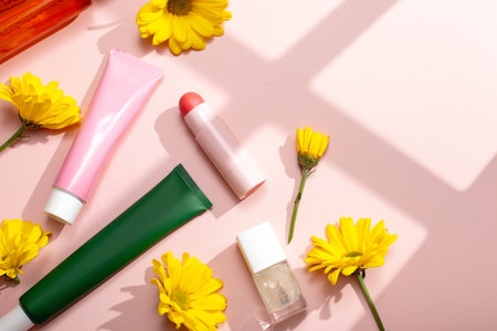 Beauty products frame with moisturizer, cleansing oil, makeup items on pastel background filled with shadows, copy spaceの写真素材