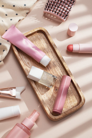 Beauty products background flat lay with skincare, haircare and makeup items on beigeの写真素材