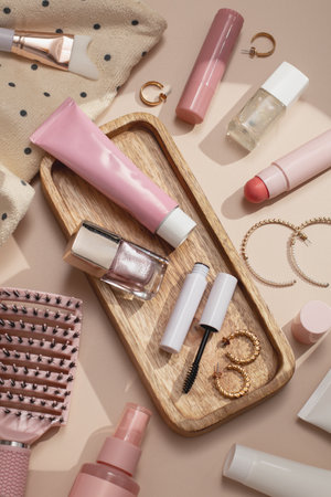 Beauty products background flat lay with skincare, haircare and makeup items on beigeの写真素材