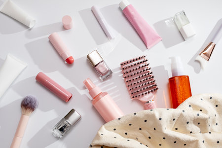 Beauty products background flat lay with skincare, haircare and makeup items on whiteの写真素材