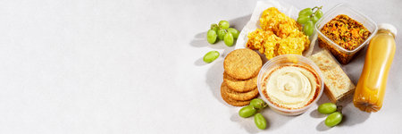 Premade gluten free supermarket ready meal top view. Quick food to eat on the go for lunch break, web banner, copy spaceの写真素材