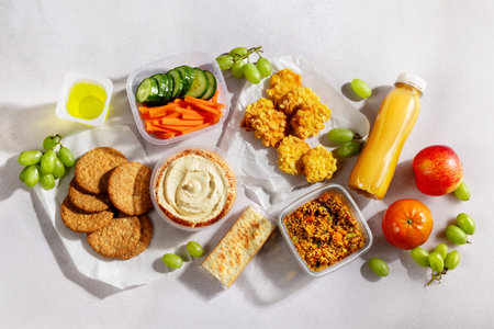 Premade quinoa and bulgur salads on table with gluten free nuggets and fresh smoothies. Quick gluten free food to eat on the go or for lunch break, time saving ready to eat healthy mealsの写真素材