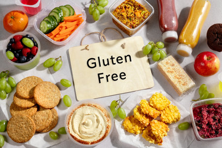 Premade quinoa and bulgur salads on table with gluten free nuggets and fresh smoothies. Quick gluten free food to eat on the go, board with gluten free quoteの写真素材