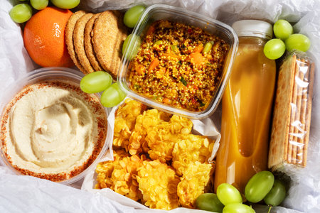 Ready prepared brunch box with quinoa salad, gluten free nuggets and fresh smoothie. Quick gluten free food to eat on the go or for lunch break, time saving ready to eat healthy meals, web banner, copy spaceの写真素材