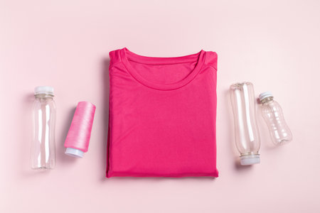Plastic bottles and pink t-shirt flat lay, concept of clothing production from recycled plastic materials, top view, copy spaceの写真素材