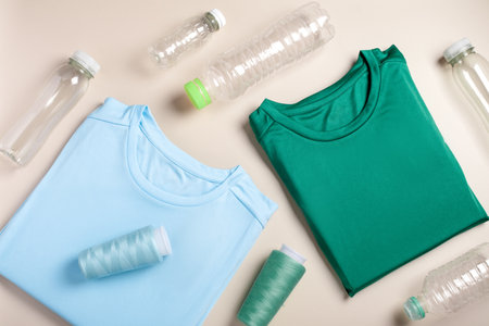 Plastic bottles and folded t-shirts, flat lay, concept of clothing production from recycled plastic materials, top viewの写真素材
