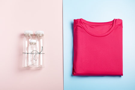 Plastic bottles and folded t-shirts, flat lay, concept of clothing production from recycled plastic materials, top viewの写真素材