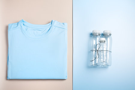 Plastic bottles and folded t-shirts, flat lay, concept of clothing production from recycled plastic materials, top viewの写真素材