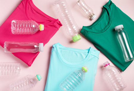 Plastic bottles and folded t-shirts, flat lay on pink, concept of clothing production from recycled plastic materials, top viewの写真素材