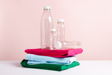 Plastic bottles and folded t-shirts still life on pink, copy space, concept of clothes made from recycled plastic bottles.の写真素材