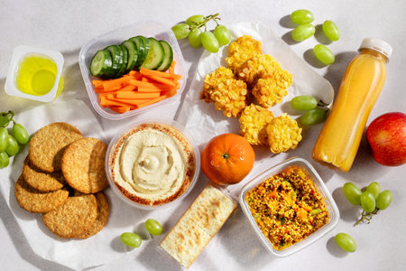 Premade quinoa and bulgur salads on table with gluten free nuggets and fresh smoothies. Quick gluten free food to eat on the go or for lunch break, time saving ready to eat healthy mealsの写真素材