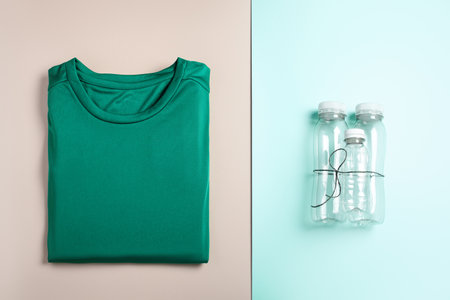 Plastic bottles and folded t-shirts, flat lay, concept of clothing production from recycled plastic materials, top viewの写真素材