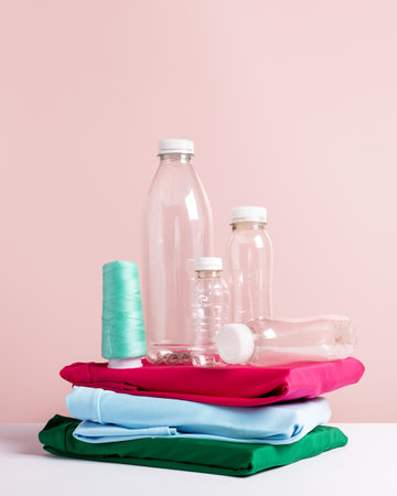 Plastic bottles and folded t-shirts on pink, copy space, concept of clothes made from recycled plastic bottlesの写真素材