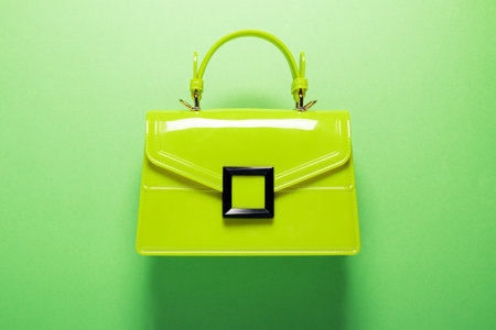 A green vinyl handbag flat lay against a matching green backgroundの写真素材