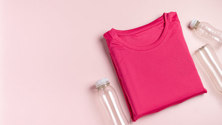 Plastic bottles and pink t-shirt flat lay, concept of clothing production from recycled plastic materials, top viewの写真素材