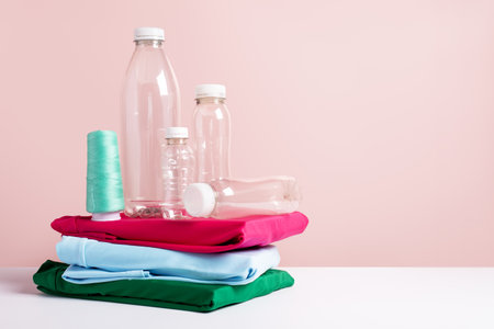 Plastic bottles and folded t-shirts on pink, copy space, concept of clothes made from recycled plastic bottlesの写真素材