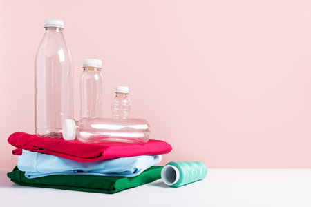 Plastic bottles and folded t-shirts on pink, copy space, concept of clothes made from recycled plastic bottlesの写真素材