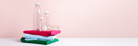 Plastic bottles and folded t-shirts still life, web banner, concept of clothes made from recycled...