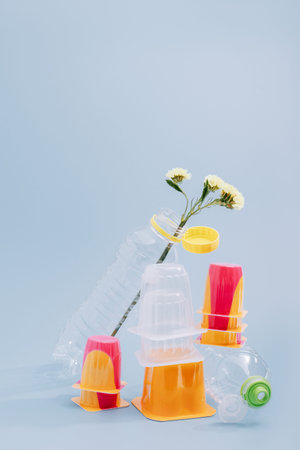 Conceptual balancing still life with plastic and flower on blue, copy space, theme of recycling,...