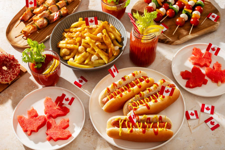 Top view of Canada Day party food with poutine, hot dogs, fruit, skewers, and donuts decorated with...