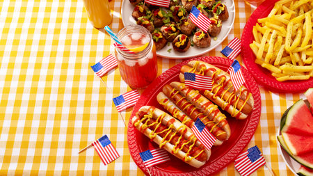 American food on a checkered yellow table with hot dogs, fries, meatballs, decorated with USA flags for 4th of Julyの写真素材