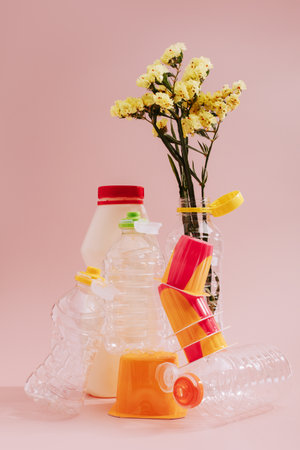Conceptual balancing still life with plastic and flower on pink, theme of recycling, waste managementの写真素材