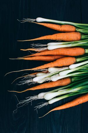 fresh vegetables concept, young carrots and onions isolated on black background の写真素材