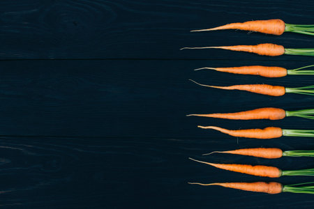 young carrots isolated on black background, cooking fresh vegetables concept