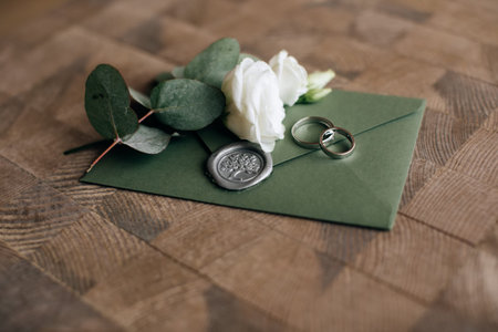 Wedding mock-up with invitation cards in green envelope on wooden backgroundの写真素材