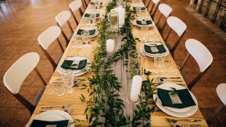 Beautiful table decoration in a restaurant with green leaves and candles
