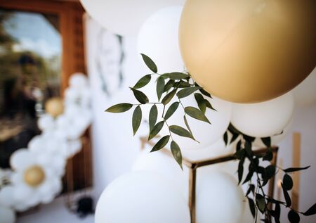Wedding ceremony and arch decoration with white and gold  balloonsの写真素材