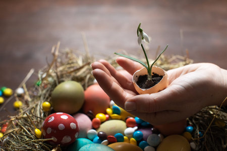 Happy Easter! Woman holding the first spring flower. Spring concept