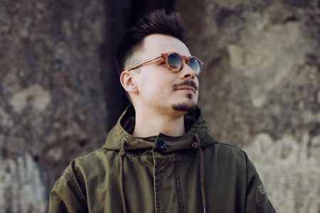 young bearded hipster man in sunglasses in the mountains