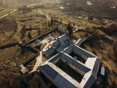 Morning Aerial top view frome drone to Pidkamin Castle Monastery, Ukraineの写真素材