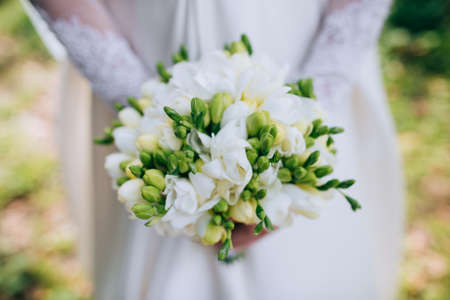 The bride holds a beautiful white wedding bouquetの写真素材