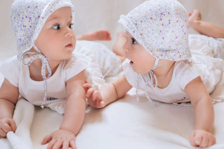 Happy twin sisters playing at home on a white backgroundの写真素材