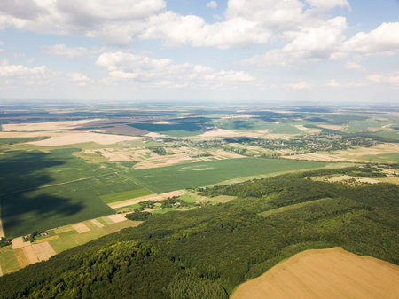 Aerial view of a small village among forests and fields