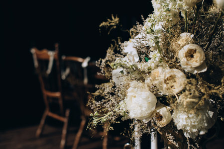 Beautiful wedding decor in rustic and boho style in the restaurantの写真素材