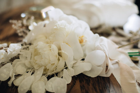 Wedding bouquet of white orchids and peoniesの写真素材
