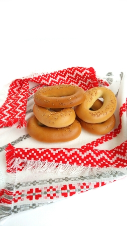 Bagels with sesame seeds on the towelの写真素材