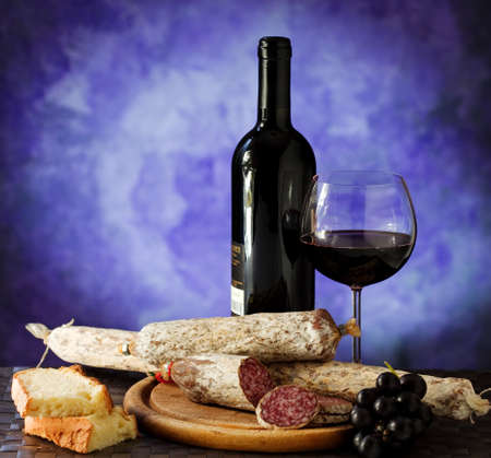Wine cheese and sausageの写真素材