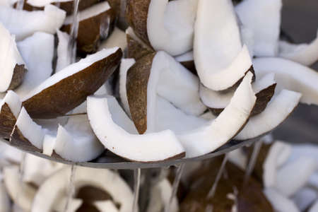 Slice of coconut on plates with running waterの写真素材