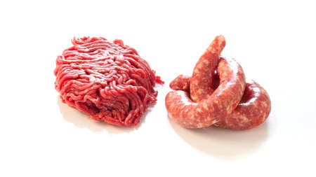 Sausage and minced meat  isolated on a white backgroundの写真素材