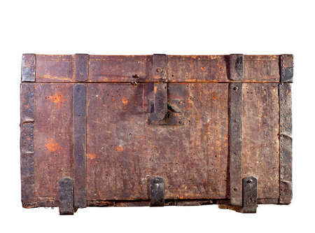 Antique wooden trunk on white の写真素材
