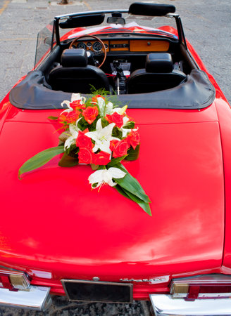 Flower's bouquet on a vintage red carのeditorial素材