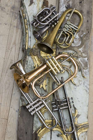 Trumpets on pieces of antique furnitureの写真素材
