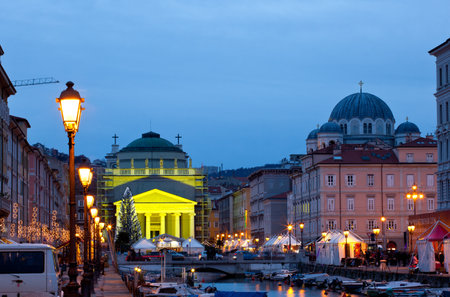 View of St. Antonio cathedral in the christmas day, Trieste - Italyのeditorial素材