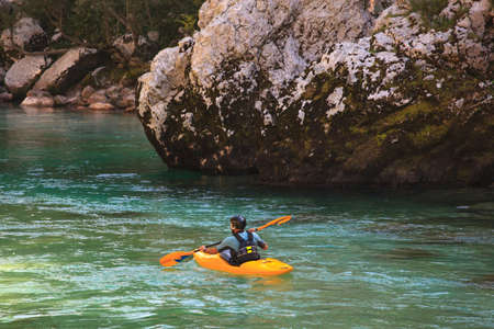 Kayaking in the summer on the Soca river, Sloveniaの写真素材