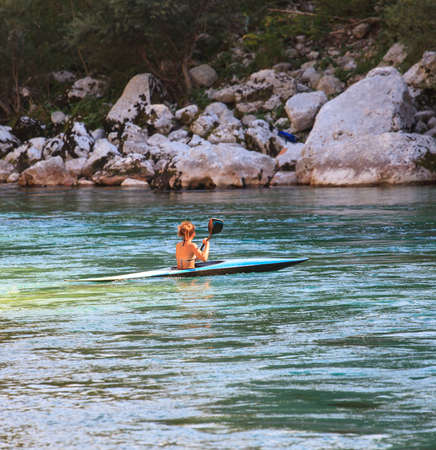 Kayaking in the summer on the Soca river, Sloveniaの写真素材